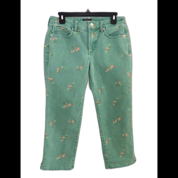 NYDJ Green Floral Print Crop Capri Jeans Women’s Size 6 Mid Rise Stretch Denim - Picture 2 of 14